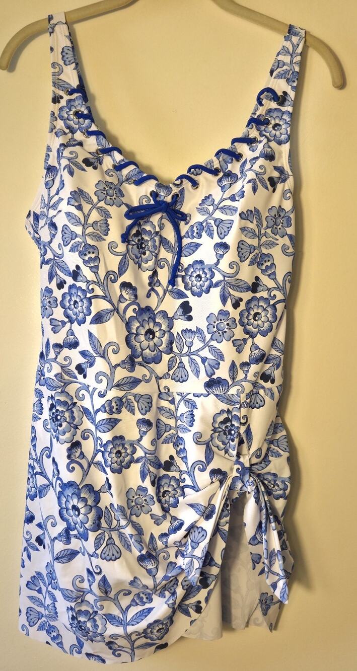 New Rotita Floral Blue & White Swim Dress Size L Cruise Swim Beach Pool